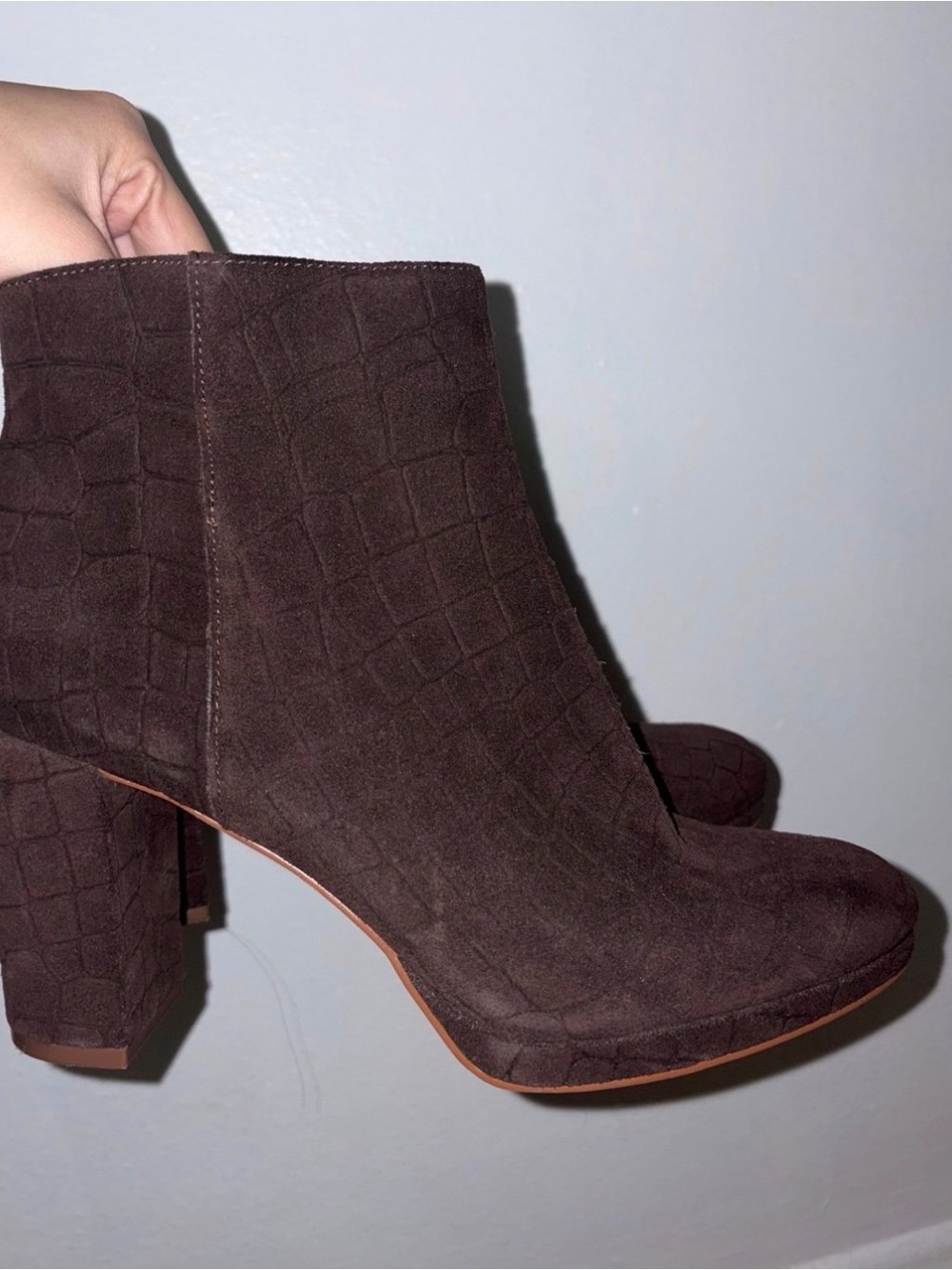 Vince Camuto Dark Brown Croc-Embossed Suede Ankle Booties
